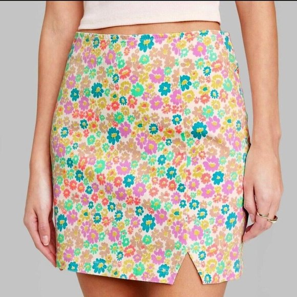wild fable Dresses & Skirts - Wild Fable Notch Front Seamed Jean Mini Skirt In Vibrant Floral Print - Size 8